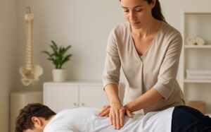 Ein Praktiker führt eine Rückenmassage oder eine chiropraktische Anpassung an einer mit dem Gesicht nach unten liegenden Person in einer klinischen Umgebung durch und hilft den Kunden, gute Osteopathie zu erkennen und qualifizierte Osteopathen zu finden.