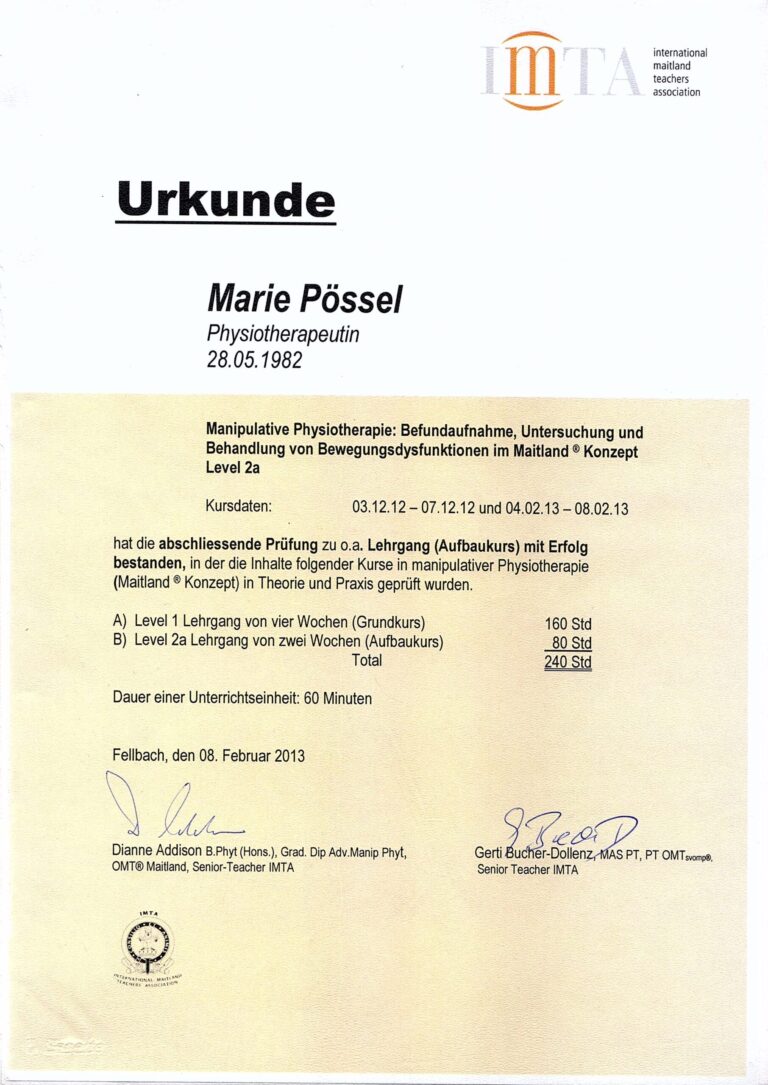 Zertifikat für Marie Pössel für den erfolgreichen Abschluss der Physiotherapieausbildung nach dem Maitland-Konzept Stufe 2a, ausgestellt von der International Maitland Teachers Association im Jahr 2013.