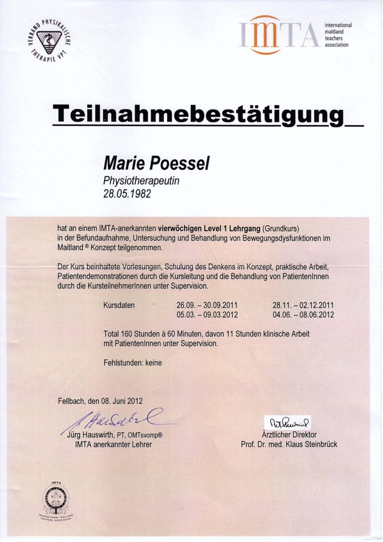 Ein deutsches Teilnahmezertifikat, das Marie Pössel für den Abschluss eines Level-1-Kurses in Maitland-Physiotherapie ausgestellt wurde, datiert vom 8. Juni 2012 und mit offiziellen Stempeln und Unterschriften versehen.