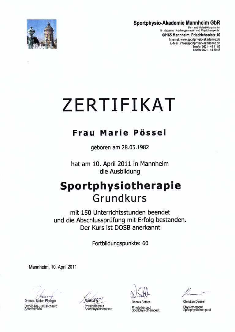 Marie Pössel erhielt am 10. April 2011 in Mannheim ein Zertifikat für den 150-stündigen Grundkurs in Sportphysiotherapie.