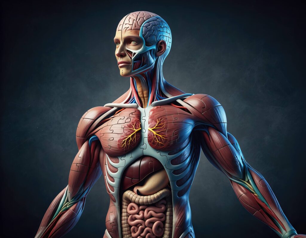 Illustration eines menschlichen anatomischen Modells, das Muskeln, Organe, Venen, Nerven und das Gehirn zeigt, wobei der Schwerpunkt auf den inneren Körpersystemen liegt.