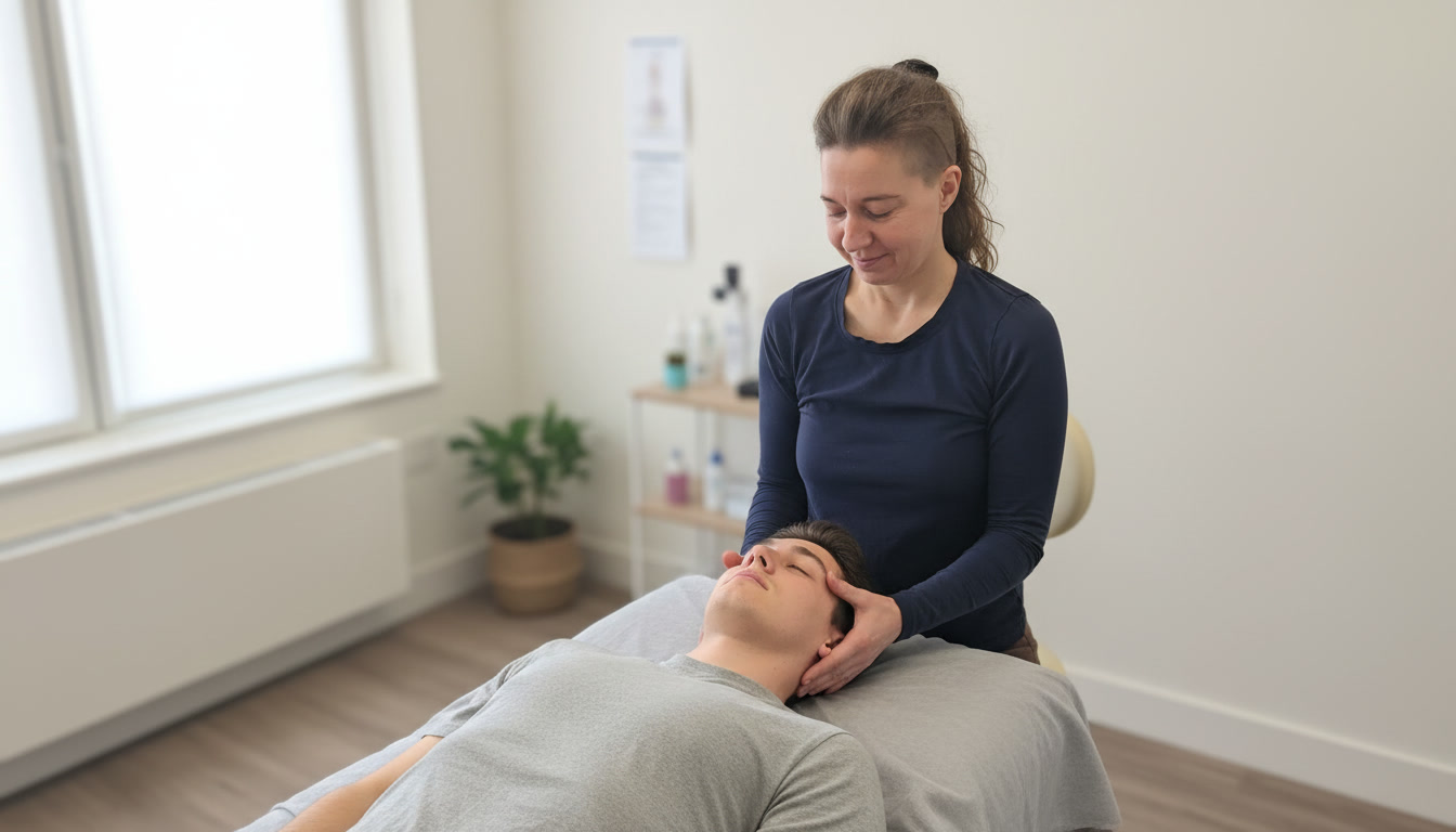 In einem hellen, minimalistischen Raum führt eine Frau eine Kopf- und Nackenmassage an einem Mann durch, der auf einer Massageliege liegt, und zeigt damit die beruhigende Atmosphäre der Erwachsenen Osteopathie Tirol. Osteopathie für Erwachsene