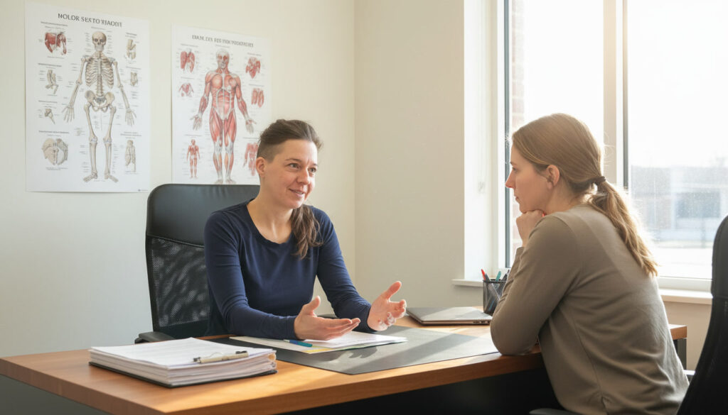 Ein Arzt sitzt an einem Schreibtisch und spricht mit einem Patienten in einer Arztpraxis. Hinter ihnen hängen anatomische Poster an der Wand, auf denen Erwachsenen Osteopathie Tirol besprochen wird. Osteopathie für Erwachsene