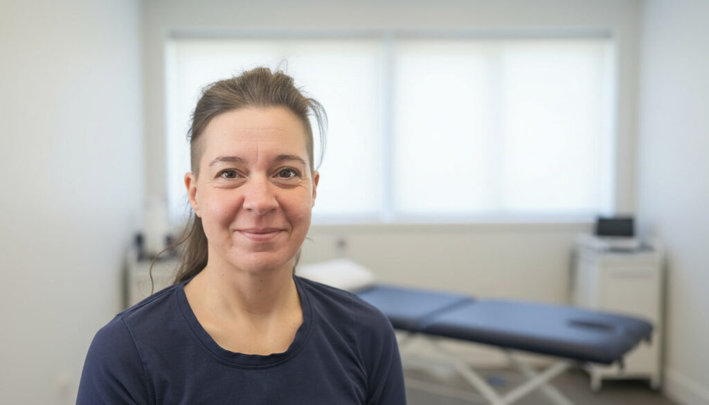 Eine Frau mit braunen Haaren und einem marineblauen Hemd lächelt in einem medizinischen Untersuchungsraum, in dem Geräte und ein Behandlungstisch die einladende Atmosphäre der Erwachsenen Osteopathie Tirol unterstreichen. Osteopathie für Erwachsene
